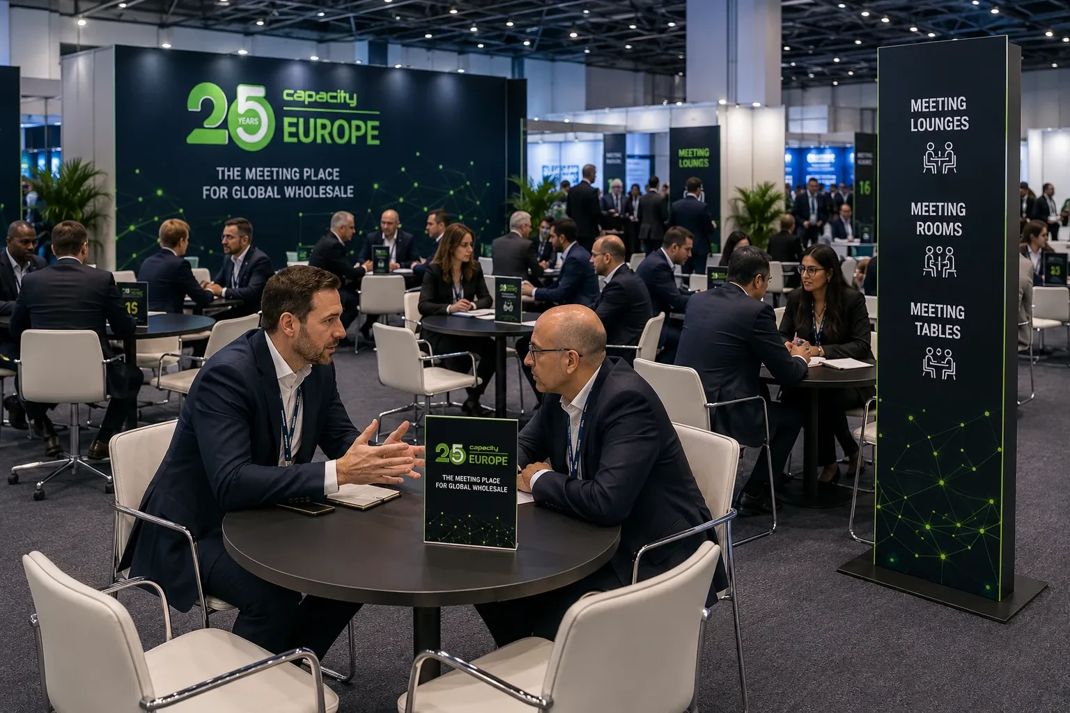 Delegates meeting at Capacity Europe, in front of the event's 25th-anniversary branding